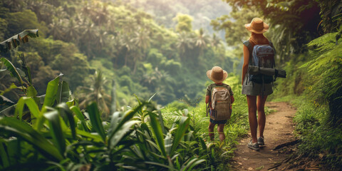 Wall Mural - Female traveler with child stands on a hill and looks into the distance at the tropical jungle.