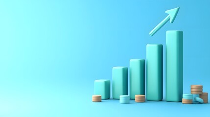 3D illustration of a bar graph with an upward arrow and stacked coins, symbolizing financial growth and business success on a blue background.