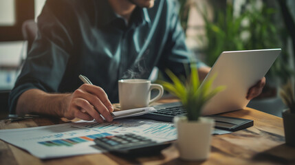 Canvas Print - a businessman is carefully reviewing financial reports at his desk. charts, graphs, a calculator, an