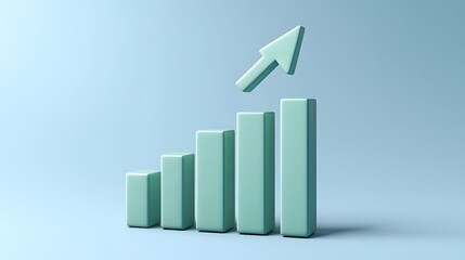 3D rendering of a bar chart showing growth with an upward pointing arrow on a blue background, representing business success and progress.