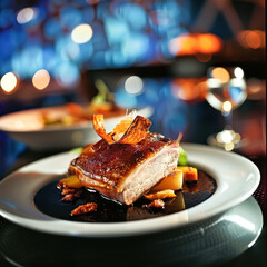 Wall Mural - A plate of food with a roasted chicken and vegetables. The plate is set on a black table