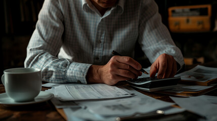Canvas Print - a businessman is carefully reviewing financial reports at his desk. charts, graphs, a calculator, an