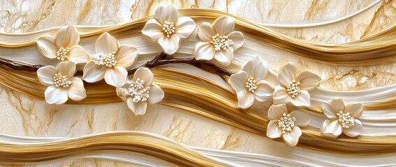 Aufkleber - This contemporary Japanese background design features a branch of floral and leaf decorations. A hand-drawn element is emphasized in the luxurious style.