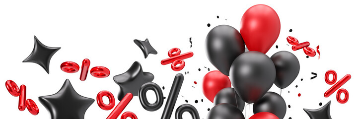 Footer with floating percentage symbols, balloons and stars, on transparent background. Special offers and discounts. Modern border. Black and red colors. Bottom of the sheet. Foreground. 3D.