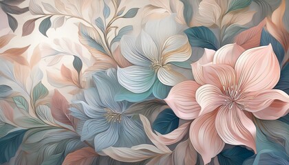 Wall Mural - Illustration of large pink and blue flowers blooming in a garden