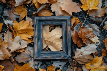 Wall Mural - A picture frame sitting on top of a pile of fallen leaves, great for seasonal or nature-inspired designs