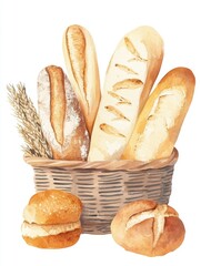 Wall Mural - A basket of bread and pastries with a wheat grain in the background