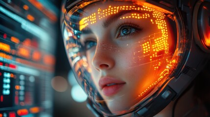 Wall Mural - A woman in a futuristic helmet is looking at a computer screen