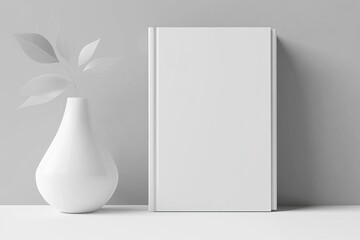 This mockup shows a white book with a monstera leaf placed in a vase on a beige table.