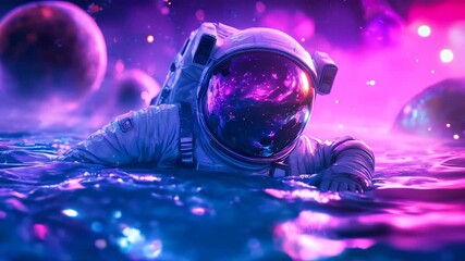 Wall Mural - An astronaut walking in the water of an alien planet