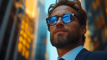 businessman standing with blurred buildings background