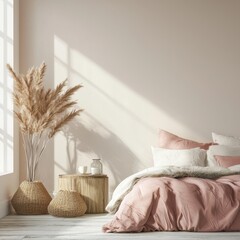 Sticker - A bedroom with a white wall and a pink bedspread