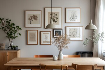 Wall Mural - A well-decorated dining room with a wooden table and chairs, a vase of flowers