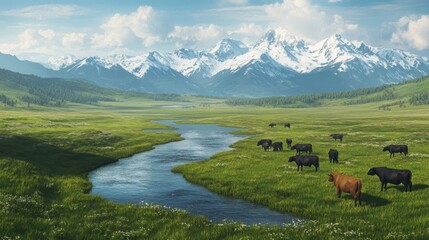 Canvas Print - A herd of cows are grazing in a grassy field next to a river