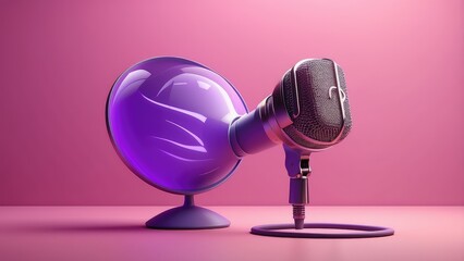 Musical studio karaoke concept featuring a purple retro microphone floating on a pink backdrop. podcast entertainment: smooth, cartoon-cute, minimal, electronic. illustration produced in three dimensi