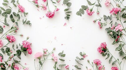 Elegant floral frame with pink flowers and eucalyptus branches on white background – ideal for valentine's day, mother's day, women's day celebrations, and romantic flat lay compositions with ample co