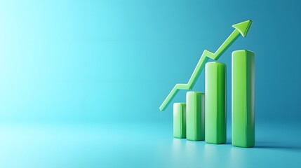 Green bar chart with upward arrow against a blue background, representing growth, progress, and financial success.