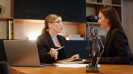 A female lawyer at her workplace communicates with a young client, discussing issues of legal significance. Consultation concept with legal 