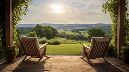 Two chairs on a stone patio overlooking a valley.