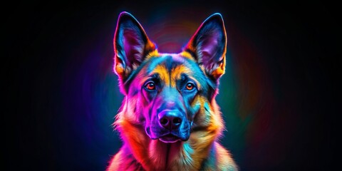 Vibrant neon hues electrify a stylized German Shepherd portrait, set against a dark backdrop, exuding edgy, surreal charm for commercial, advertising, and editorial uses.