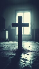 A cross is standing on a wooden floor in a dark room