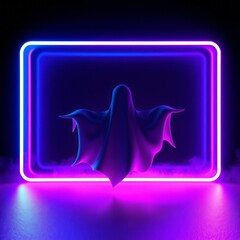 glowing ghost, neon lights, surreal, futuristic, ethereal, purple and blue hues, floating spirit, modern illumination, mysterious ambiance, smoke effects, dark background
