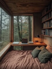 Sticker - A small bedroom with a bed, a laptop, and a bookshelf