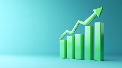 Green bar graph with upward arrow on blue background, representing business growth, success, and financial increase. 3D rendering.