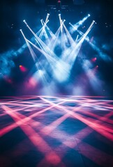 Sticker - A stage with crisscrossing spotlights in motion, creating a web of light beams that dance across the floor, capturing the anticipation of a live performance