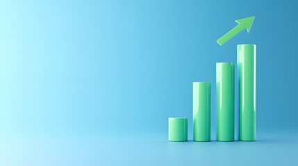 Green bar graph with upward arrow on blue background, representing growth, success, and positive business trend.