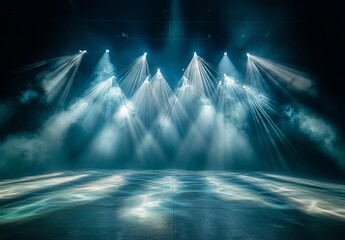 Sticker - A stage with crisscrossing spotlights in motion, creating a web of light beams that dance across the floor, capturing the anticipation of a live performance