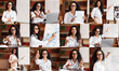 © Prostock-studio - A young woman with long curly brown hair is teaching an English language lesson online from a library. She is wearing glasses and a white shirt, and she is standing and sitting in different positions