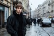 © Aliaksandr Siamko - A young man in a black jacket stands on a wet street in front of a building