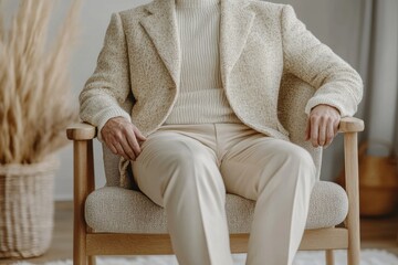 Wall Mural - A man is sitting in a chair wearing a white jacket and a white sweater