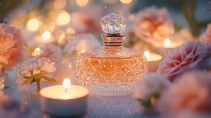 A close-up of an elegant perfume bottle with a crystal stopper, surrounded by soft flowers and warm candlelight, creating a luxurious atmosphere.