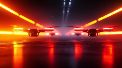 Two drones fly in a futuristic setting with bright neon lights reflecting off the ground.