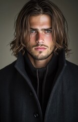 Poster - A man with long hair and a beard is wearing a black coat and a sweater