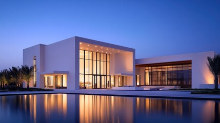 Poster - A large white house with a pool and a large glass window