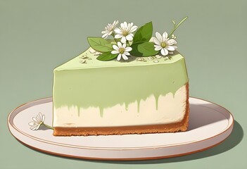 sketch lines, A slice of green tea cheesecake with a smooth, creamy texture and a light green color. The cake is garnished with small white flowers or petals, likely matcha or green tea flavored. 