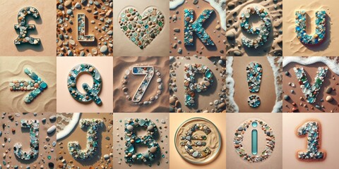 Wall Mural - Sea pebbles on the sand background Lettering Typeface. AI generated illustration