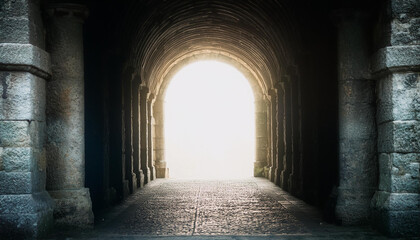 Wall Mural - Magic stone gate with light coming through pillars. Old arch. Mysterious portal to another world.