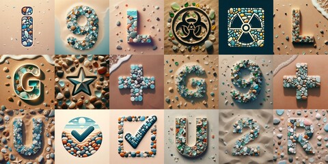 Wall Mural - Sea pebbles on the sand background Lettering Typeface. AI generated illustration