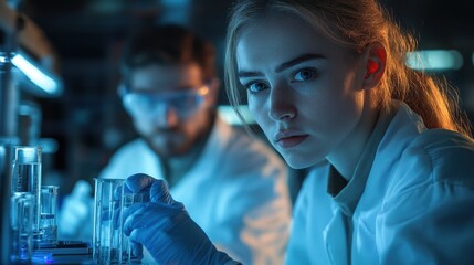 Wall Mural - A woman in a lab coat is holding a glass with a man behind her