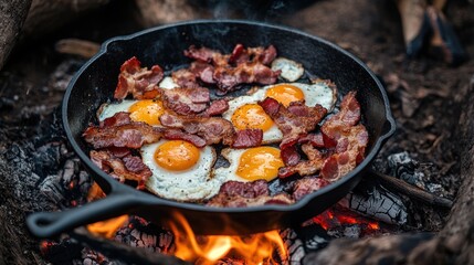 Frying pan with fried eggs and bacon is on the fire in nature. Top down view.generate AI