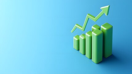 Green upward graph on a blue background representing financial growth, success, and positive business trends.