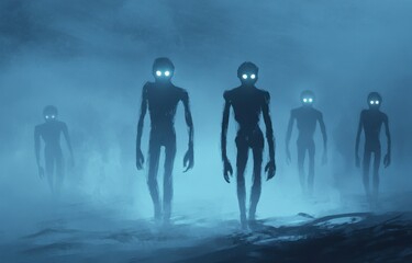 Poster - A group of four creepy looking creatures walking in the dark