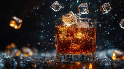 A glass of alcohol with ice cubes in it