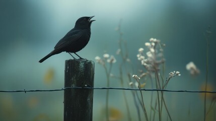 Wall Mural - A Black Bird Singing on a Wooden Post