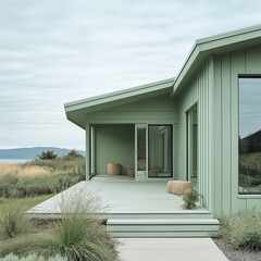 Wall Mural - A pastel green house with a minimalist front porch clean lines