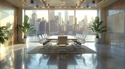 Wall Mural - Spacious office work room with a conference table and presentation setup Realistic Octane